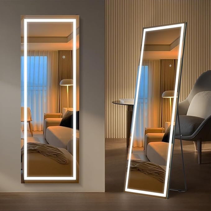Kosmonia 56"x18" Full Length LED Mirror with Lights, Dimmable Standing/Wall Mirror for Bedroom, Full Body Lighted Floor Mirror, Tempered Glass, Easy Setup w/Stand, Wall/Standing
