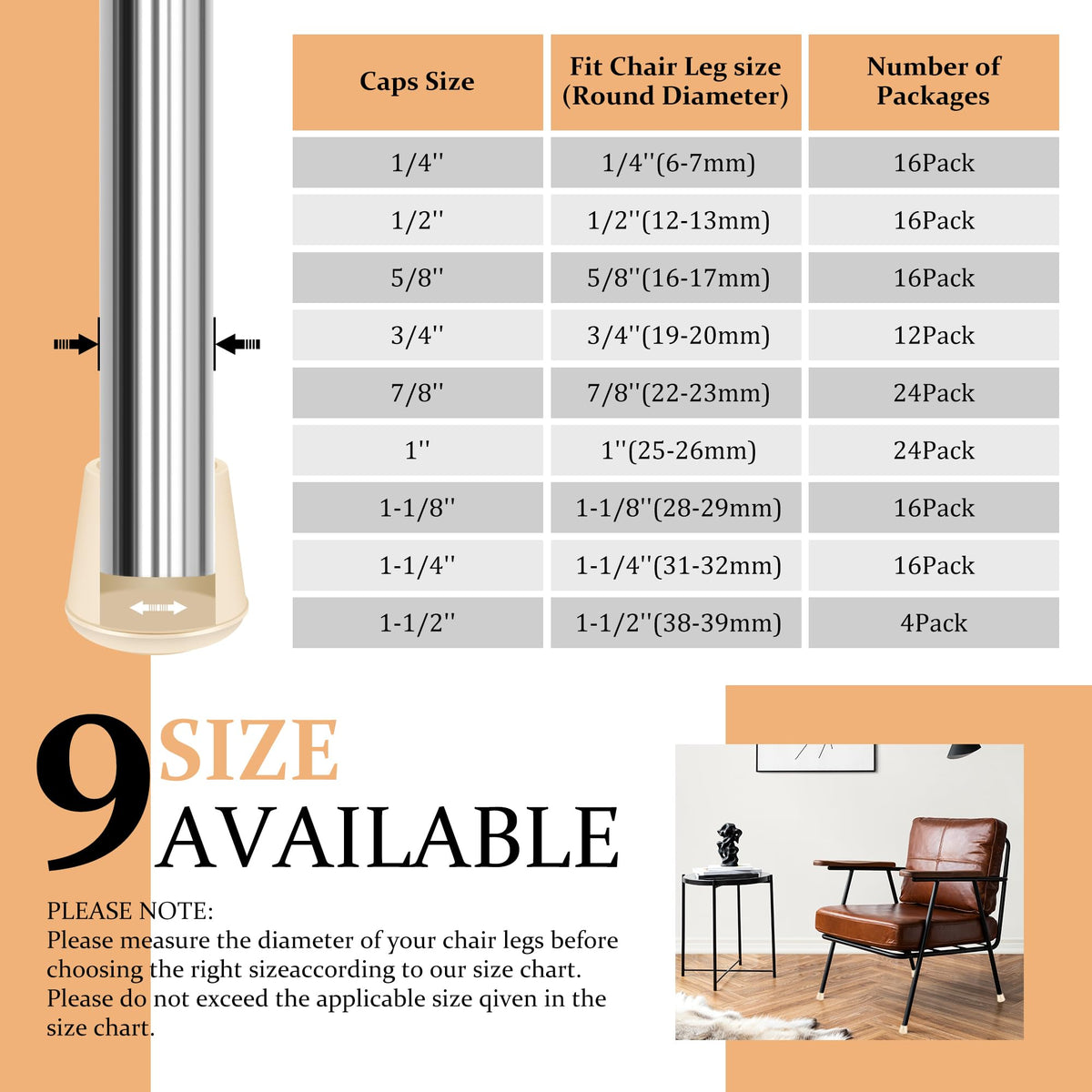 1-1/4" Round Rubber Chair Leg Tips Caps, 8 Pack Chair Leg Floor Protectors (8 Count)