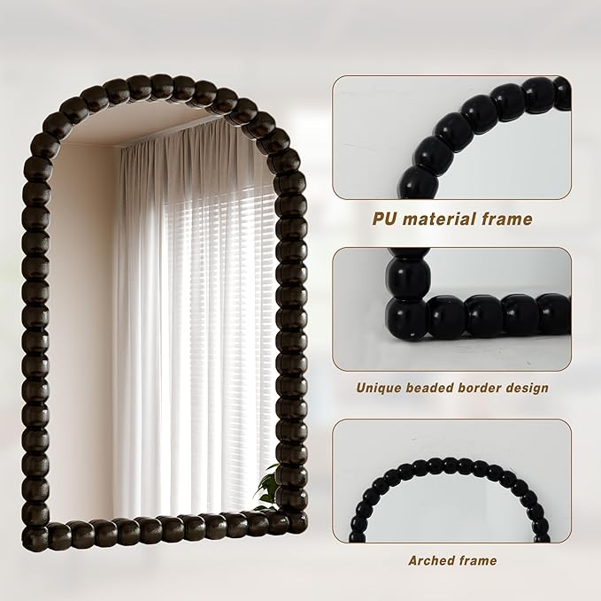 31"×32" Black Arched Bathroom Vanity Mirror, Vintage Beaded Decorative Wall Mounted Makeup Mirror, as Wall Decor Hanging Leaning for Fireplace Mantle, Living Room, Bedroom, Vanity Area