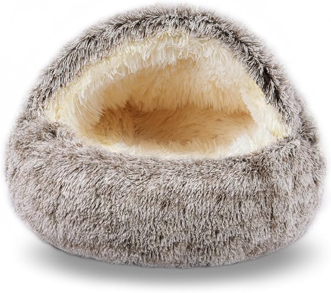 Cat Beds for Indoor Cats,Cat Cave for Puppy and Kitty,Calming Small Dog Bed for Small Dogs with Cover Cave,Cozy Warming Fluffy Washable Anti-Slip Pet Sleeping Bag(24 * 24inch,Khaki)