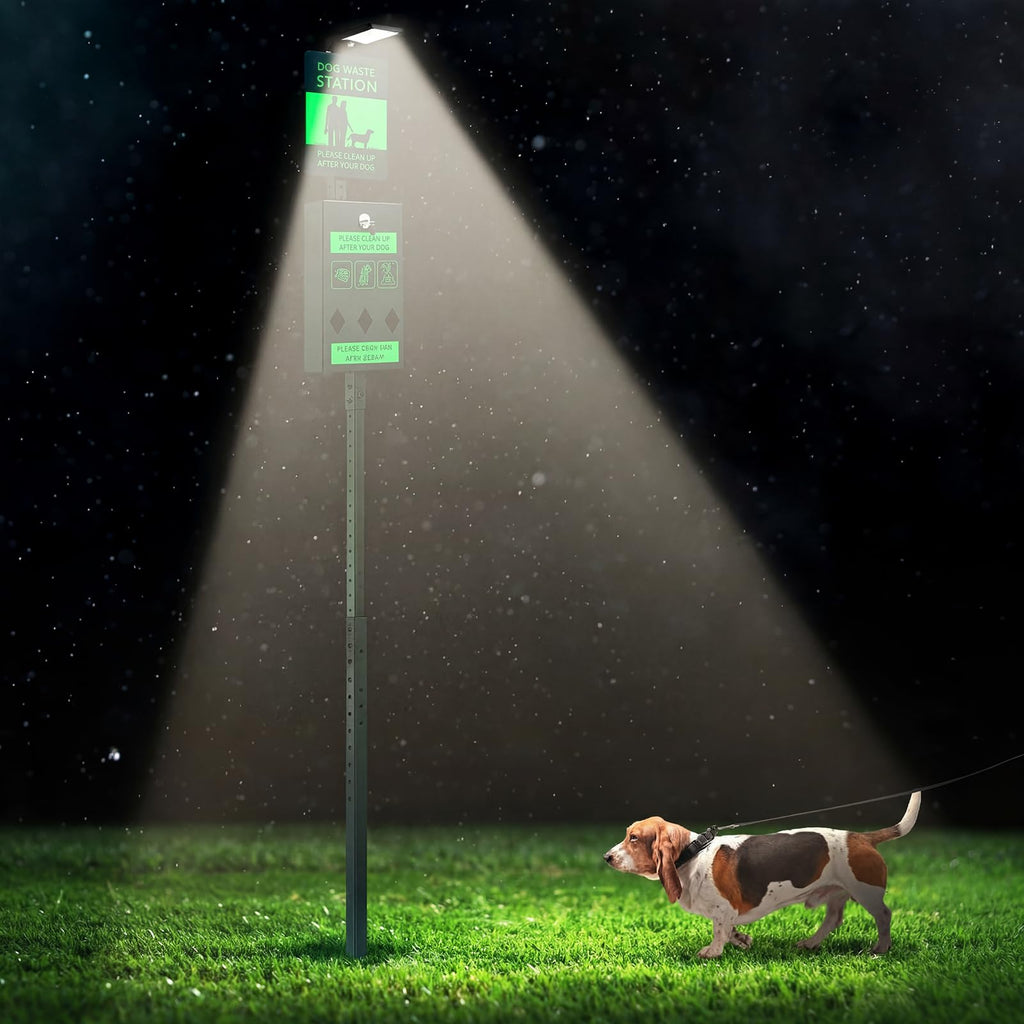 Dog Waste Station with Solar Panels Outdoor Light Up at Night