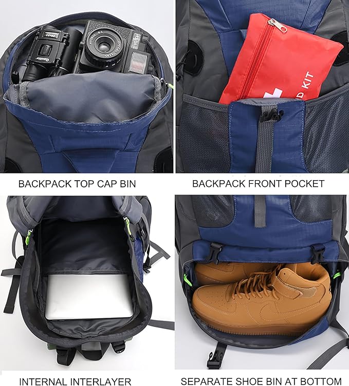Bseash 50L Hiking Backpack, Water Resistant Lightweight Outdoor Sport Daypack Travel Bag for Camping Climbing Skiing Cycling (Navy Blue - With Shoe Compartment)