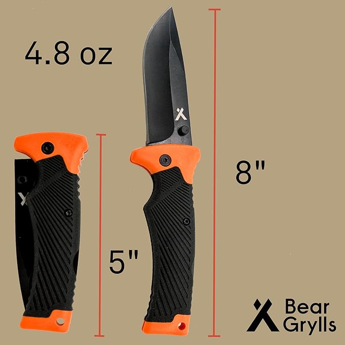 Ultimate Folding Knife, 3.6" Steel Blade, EDC Knife with Rubberized Grip, Includes Sheath with Belt Loop - Black and Orange