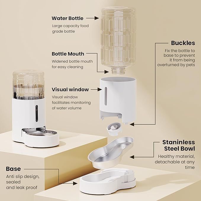 CZPET Automatic 4L/1Gal/135Oz Cat Water Dispenser with Stainless Steel Bowl, Gravity Waterer for Small Medium Dog Puppy Kitten (White)
