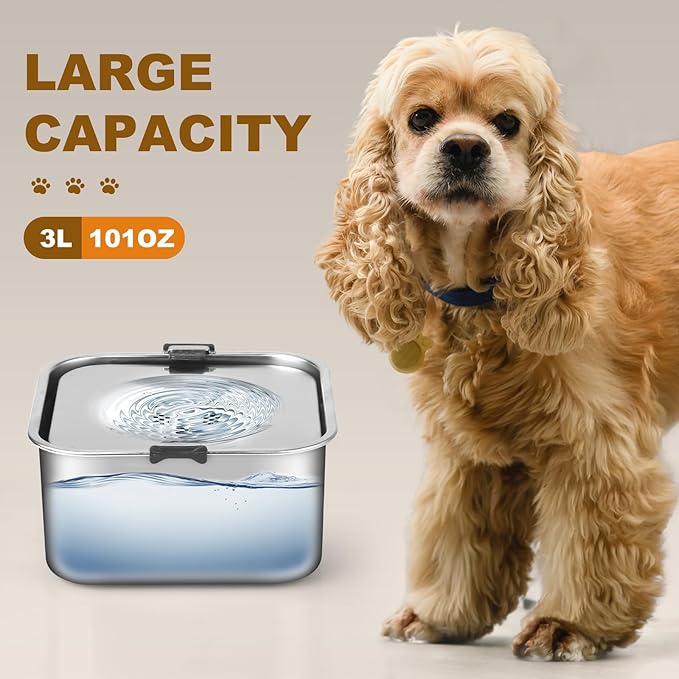3L/101oz No Spill Dog Water Bowl, Slow Drinking Travel Dog Bowl Spill Proof, Stainless Steel Slobber Stopper for Messy Drinkers, Small Medium & Large Breeds, Square
