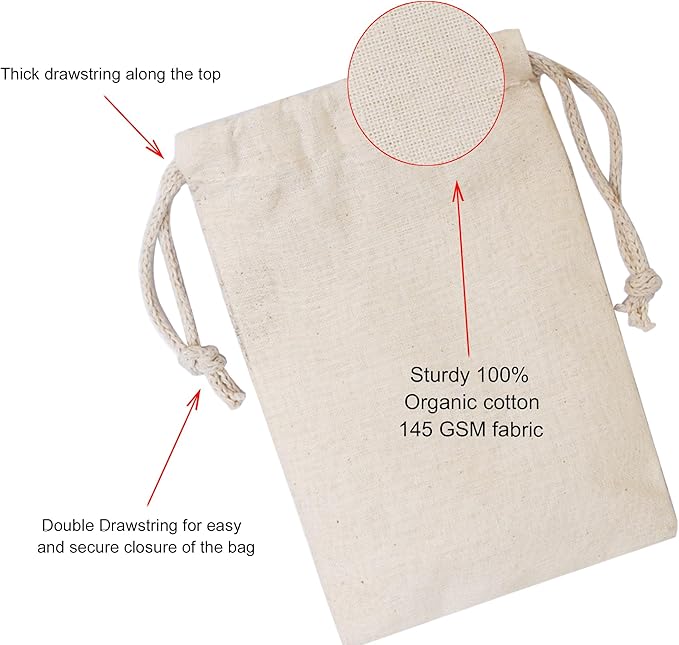 100Pcs 5 x 7 Inches Premium Cotton Muslin Double Drawstring Bags, Reusable Bag Natural Cotton Bags with Drawstring Produce Bags Bulk Gift Bag Jewelry Pouch for Party Wedding Home Storage