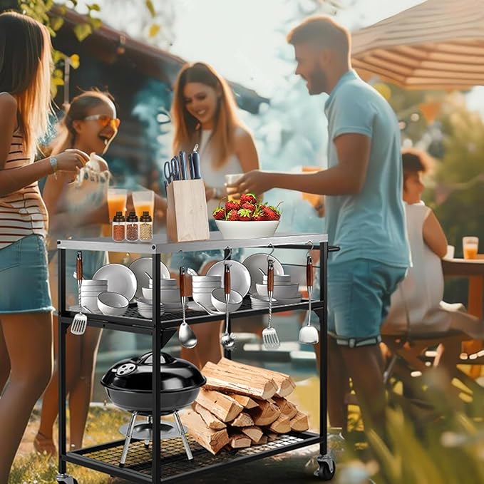 3-Shelf Outdoor Grill Table, Pizza Oven Tables with Waterproof Cover, Movable Dining Cart, Trolley Table with Wheels, Outdoor Kitchen Cooking Prep BBQ Cart for Home Party, Bar,Camping