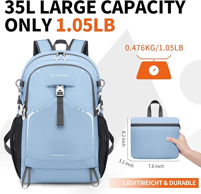 35L Lightweight Packable Backpack – Durable Foldable Daypack for Travel, Hiking, and Gym (Sky-Blue)