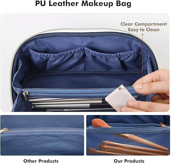 Prite Makeup Bag for Women Travel Waterproof Vegan Leather Cosmetic Bag Open Flat Toiletry Bag With Clear Divider and Handle (Blue Flower, Medium)