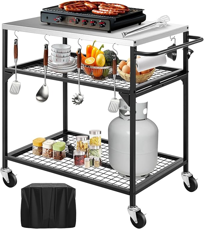 3-Shelf Outdoor Grill Table, Pizza Oven Tables with Waterproof Cover, Movable Dining Cart, Trolley Table with Wheels, Outdoor Kitchen Cooking Prep BBQ Cart for Home Party, Bar,Camping