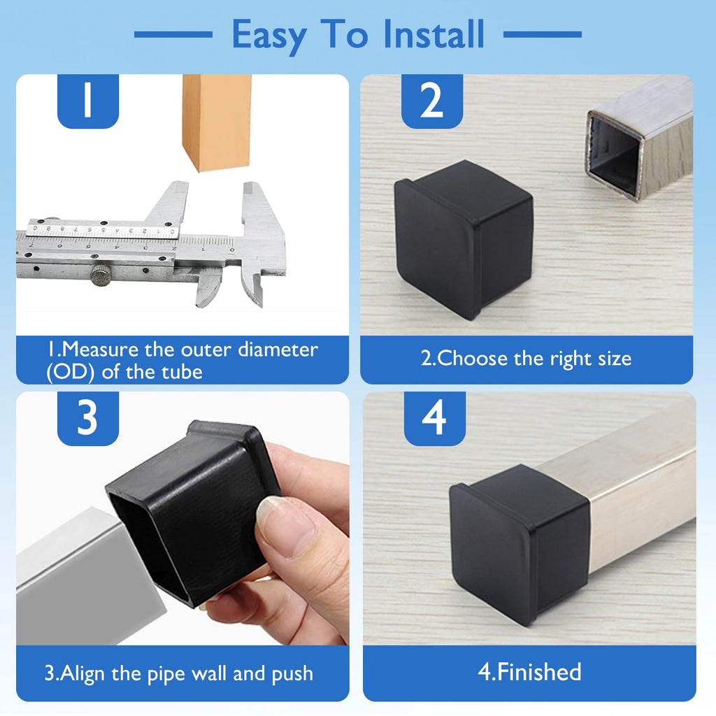 4 Pcs 4" x 4" Black Square Rubber Chair Leg Caps (4 Count)
