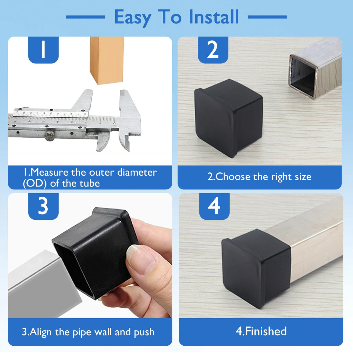 16 Pcs 1" x 1" Black Square Rubber Chair Leg Caps (16 Count)