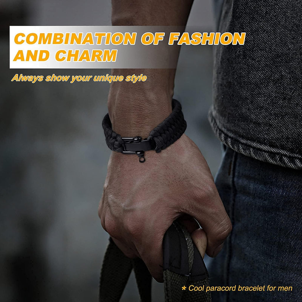 Oadnfa Survival Bracelet,Tactical Paracord Bracelet with Forged Stainless Steel U-Type Shackle Connection Three Holes Adjustable,Bearable 550 lb Disassembled Parachute Rope for Emergency(Black)
