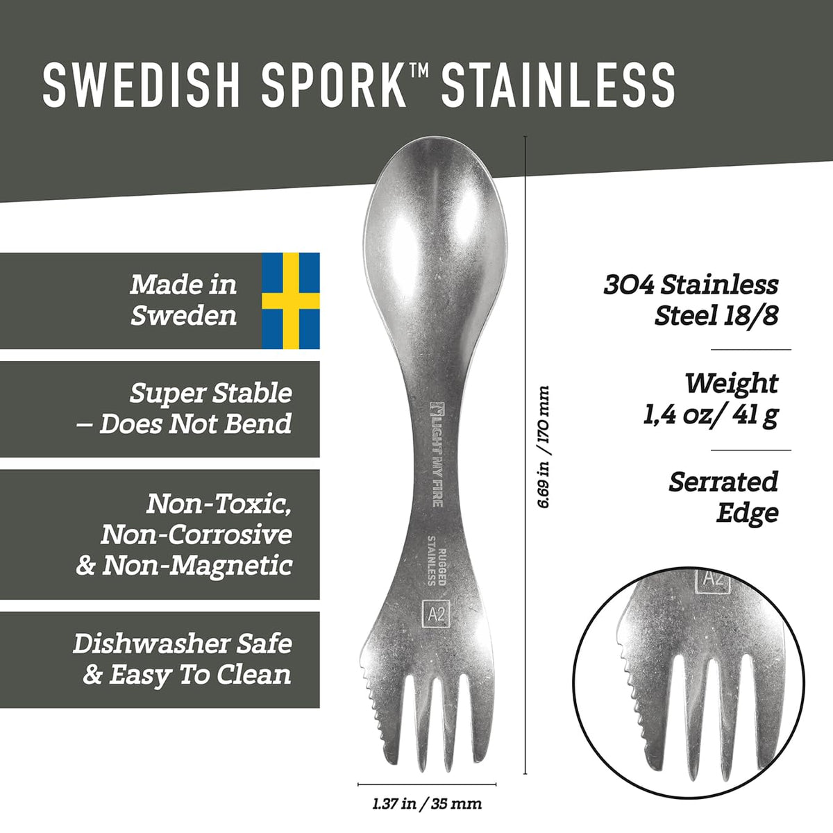 Light My Fire Sporks Stainless Steel (18/8) Camping Spork, Unbreakable Fork Spoon Knife Set - Sporks Reusable Camping Utensils, Durable & Lightweight Metal Spork, Outdoor Hiking Survival Gear