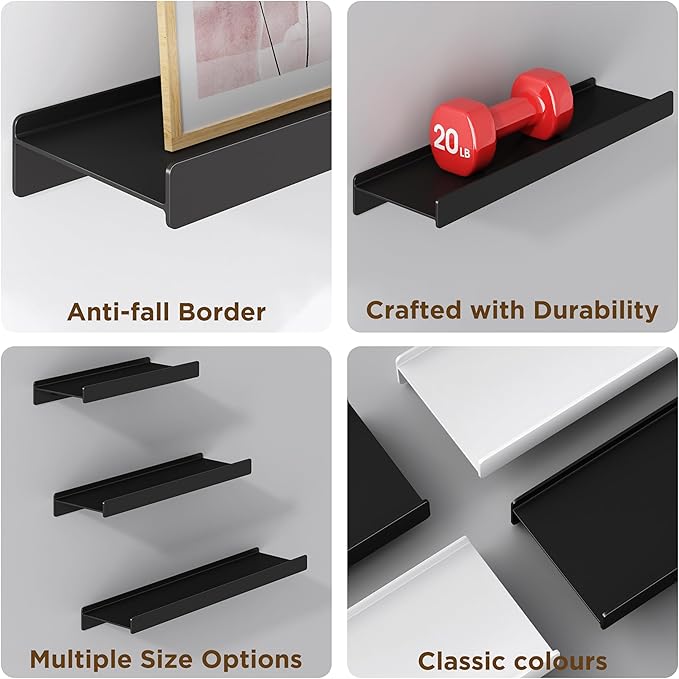 Floating Shelves for Wall, Wall Mounted Shelves with Lip for Storage, Metal Display Shelves for Home Decor, Kitchen/Living Room/Bedroom/Bathroom Shelf, Black 20 inch 2 Pack