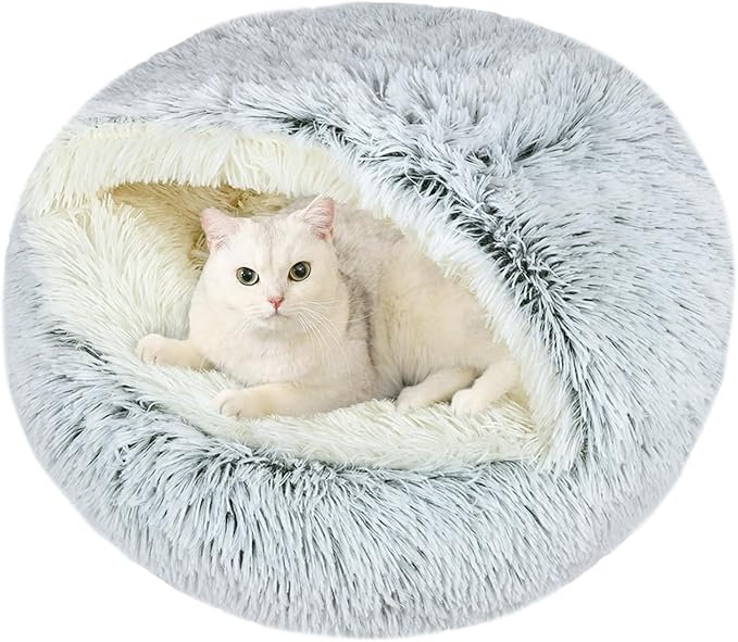 Calming Cat Beds, Fluffy Plush Round Cat Cave Washable, Cozy Warming Anti-Slip Small Dog Bed for Puppy and Kitten, Soft Anti Anxiety Pet Nest (20×20 inch, Grey)