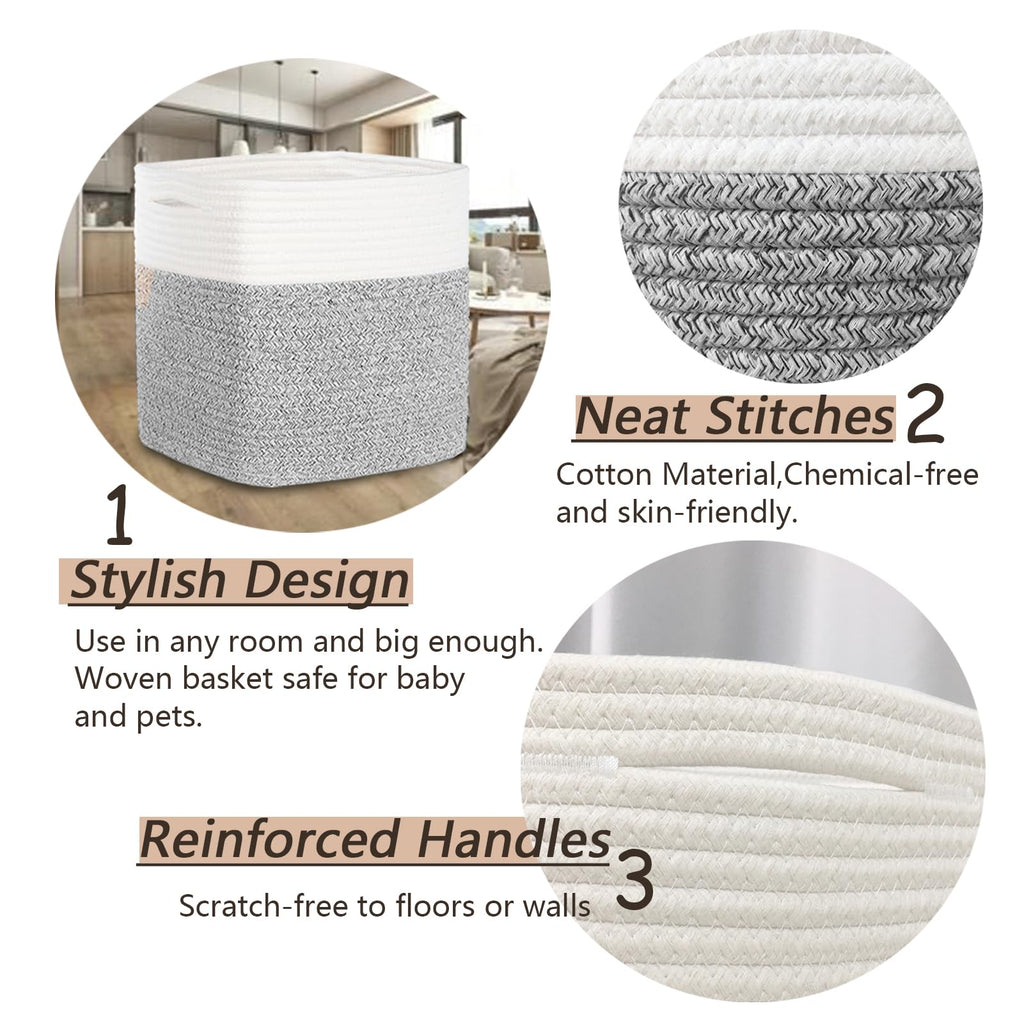 3PACK Cotton Rope Square Basket with Handles for Shelves