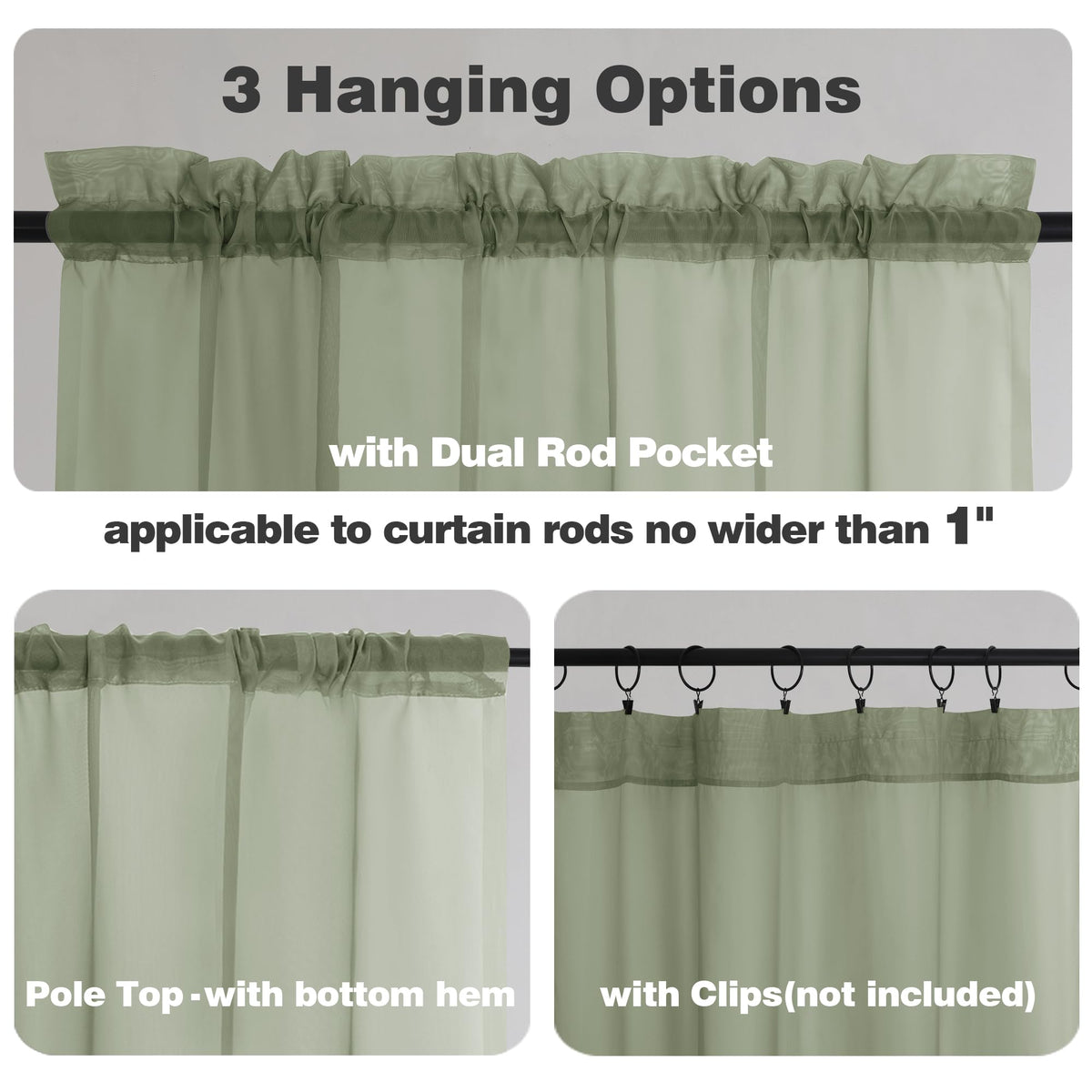 Sage Green Sheer Curtains 45 Inch Long 2 Panels
