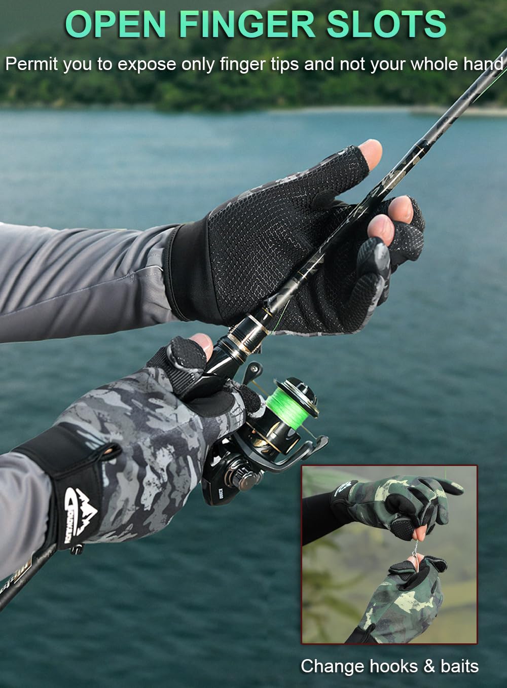 SUJAYU Fishing Gloves for Men & Women, Ice Fishing Hunting Gloves Cold Weather, Kayak Fly Fishing Gear (Camo Green, X-Large)