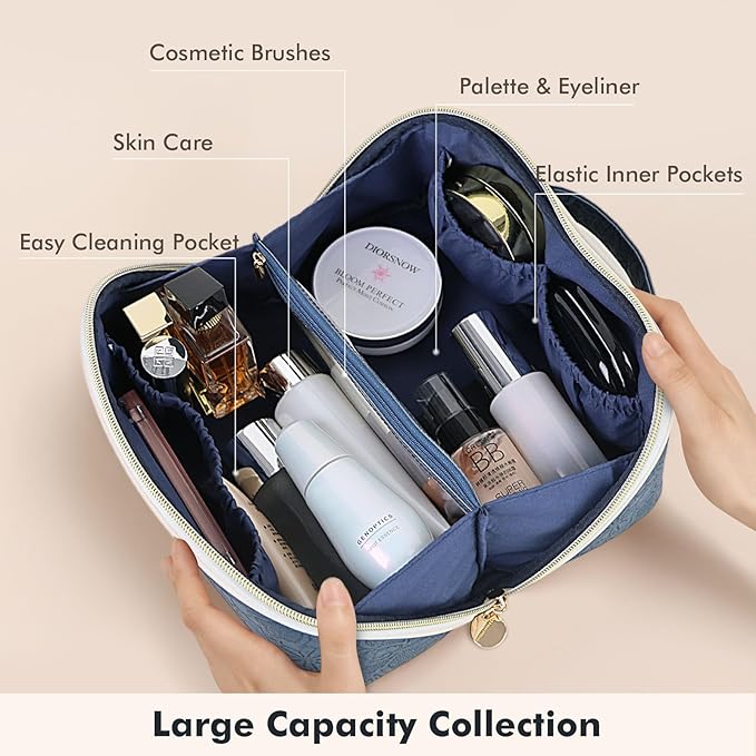 Prite Makeup Bag for Women Travel Waterproof Vegan Leather Cosmetic Bag Open Flat Toiletry Bag With Clear Divider and Handle (Blue Flower, Medium)