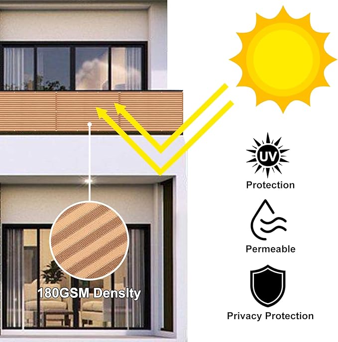 Eden's Decor Balcony Privacy Screen Brown/Khaki 2'6"x 36' Cover Mesh Windscreen Weather-Resistant UV Protection for Backyard Deck, Patio, Balcony, Pool, Porch, Fence, Railing, Gardening