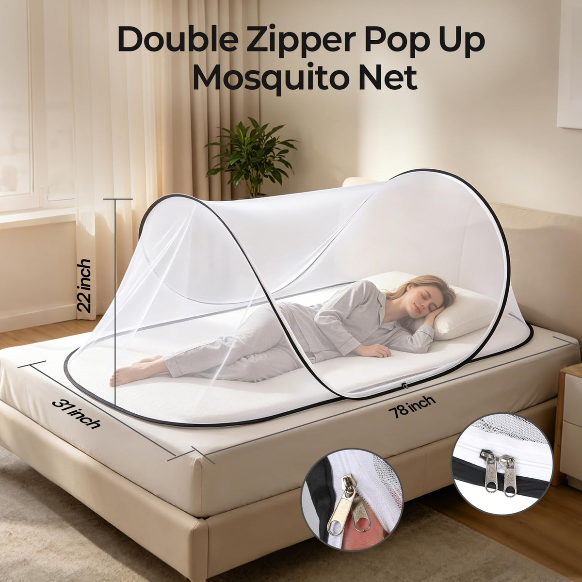 MicMingle 2 Pcs Black Pop Up Mosquito Net for Bed with Drawstring Bag Mosquito Head Net, 78 x 31 x 22 Inch Portable Foldable Mosquito Tent with Double Zipper, Mesh Bed Net for Camping Travel