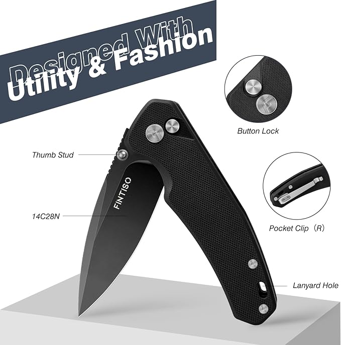 FINTISO Pocket Knife, 3" 14C28N Steel Blade G10 Handle Small EDC knife with Button Lock, Sharp Folding Knife with Pocket Clip for Camping, Survival,Hiking,traveling