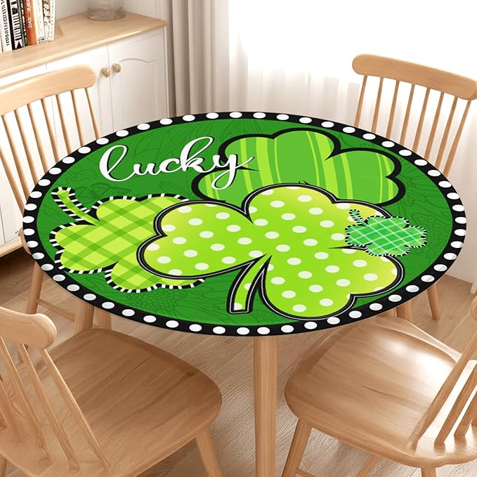 St Patricks Day Round Fitted Tablecloth with Elastic Green Shamrock Lucky Circle Table Cover for 48-52" Tables Spring Clover Wipeable Waterproof Washable Table Cloth for Party Picnic Dining Decor