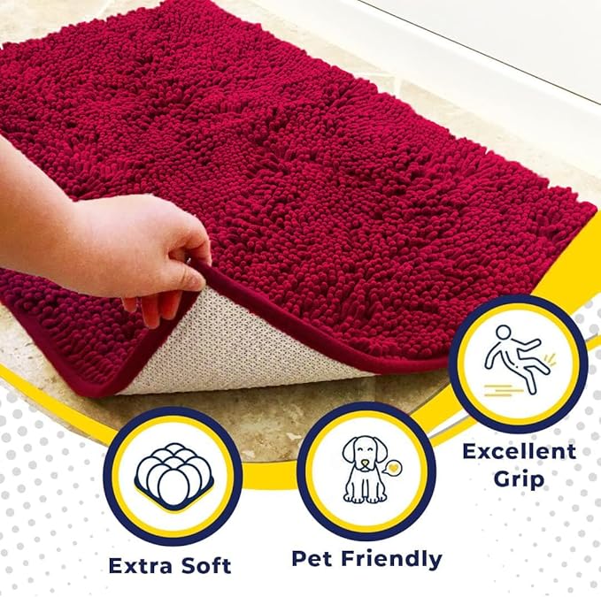 Muddy Mat® AS-SEEN-ON-TV Highly Absorbent Microfiber Door Mat and Pet Rug, Non Slip Thick Washable Area and Bath Mat Soft Chenille for Kitchen Bathroom Bedroom Indoor and Outdoor - Maroon 24" x 96"