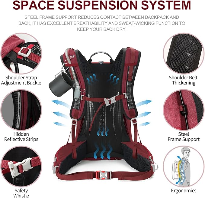 Hiking Backpack, Waterproof Hiking Daypack with 3L Water Bladder and Rain Cover, Lightweight Travel Camping Backpack for Men Women (Red)
