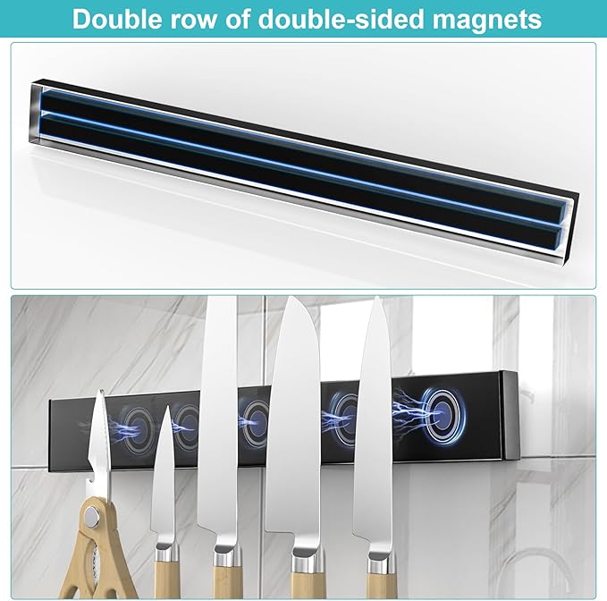 Magnetic Knife Holder With 3 Hooks, 12 Inch Knife Magnetic Strip No Drilling Adhesive Magnetic Knife Holder for Wall Mount Fridge Refrigerator, Magnet Bar Tool Holder Organizer RV Kitchen Gadgets