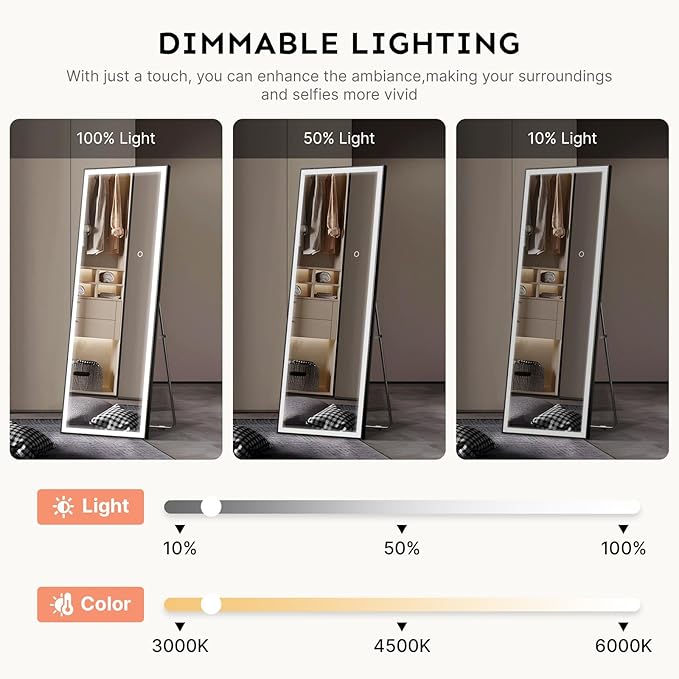 Kosmonia 71x24 Full Length Mirror, Dimmable 3 Color LED Light w/Light Memory, Distortion Free Silver Coating Mirror, HD Reflection &Anti Desilvering,Tempered Glass, Easy Setup w/Stand, Wall/Standing