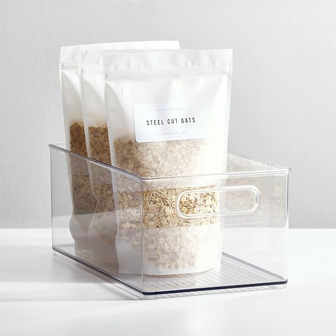 mDesign Deep Plastic Kitchen Storage Organizer Container Bin for Pantry, Cabinet, Cupboard, Shelves, Fridge, or Freezer - Holds Dry Goods, Sauces, Condiments, Drinks, Ligne Collection, 4 Pack, Clear