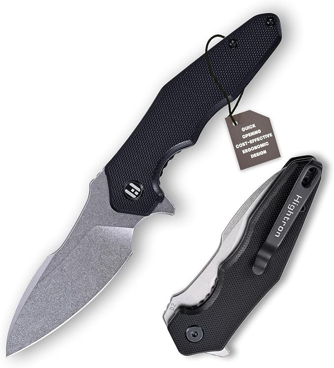 Hightron Mini Ventura Pocket Knife, Flipper Folding Knife with 2.85" Stonewashed Sharp D2 Blade and G10 Handle, EDC Pocket Knives with Pocket Clip for Camping Hiking Black-W