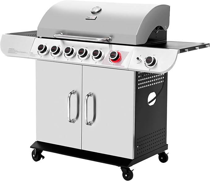Royal Gourmet SG6002R 6-Burner Propane Grill with Sear Burner and Side Burner, Stainless Steel Cabinet Style Gas Grill with 71,000 BTU Output, for Outdoor Patio Garden Picnic Backyard Cooking, Silver