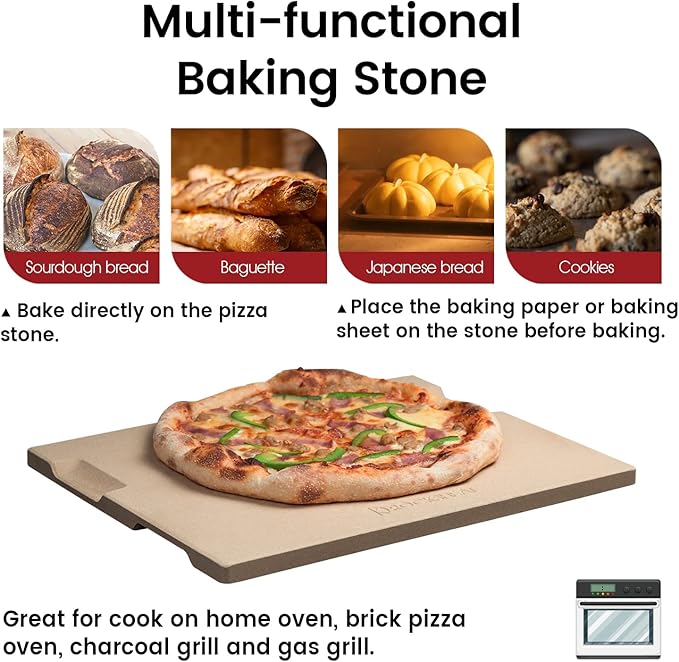 Pizza Stone, 12"x12" Square Pizza Stone for Oven Grill BBQ, Cordierite Baking Stone for Bread & Pie, Unique Built-in 4 Handles Cooking Stone
