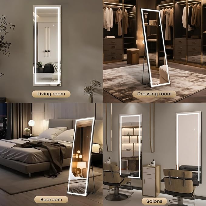 Kosmonia 56"x18" Full Length LED Mirror with Lights, Dimmable Standing/Wall Mirror for Bedroom, Full Body Lighted Floor Mirror, Tempered Glass, Easy Setup w/Stand, Wall/Standing