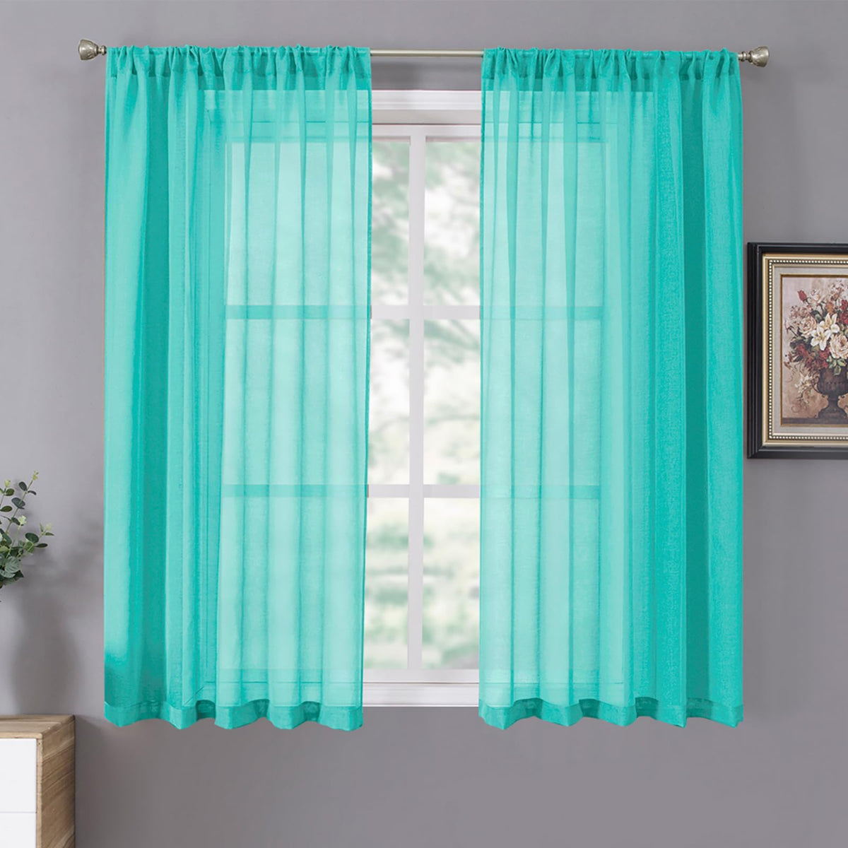 Short Sheer Curtain Linen Textured Living Room Curtains Sheer Light Filtering Rod Pocket Voile Curtain for Bedroom (2 Count)