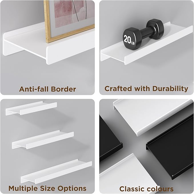 Floating Shelves for Wall, Wall Mounted Shelves with Lip for Storage, Metal Display Shelves for Home Decor, Kitchen/Living Room/Bedroom/Bathroom Shelf, White 20 inch 2 Pack