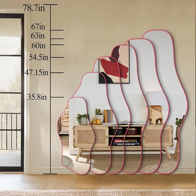 Large Irregular Mirror, 54.5"x24" Asymmetrical Tempered Glass Mirror, Pink Modern Organic Frameless Mirrors for Living Room Bedroom Hallway Entryway, Horizontal or Vertical Hanging
