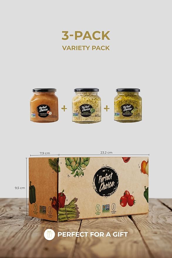 Perfect Choice Variety Pack with Delicious Artichoke Bruschetta, Green Asparagus Bruschetta & Caramelized Onion - Ready-to-eat Spread Ideal for Burgers, Sandwiches, Meats And More - Pack of 3