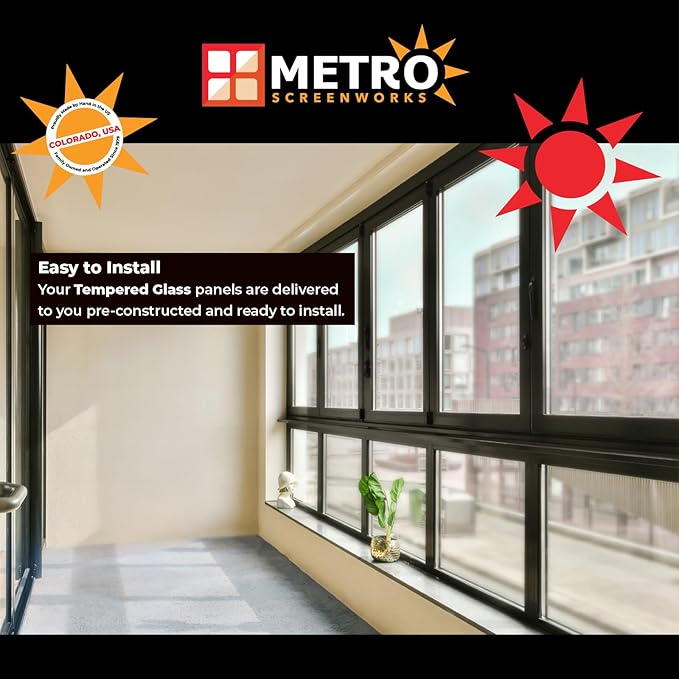 Metro Screenworks Framed Tempered Glass Panel for Porch & Patio Panels, Outdoor Enclosures, (28-5/8" x 34-1/2", Tan) Enclose Your Porch with Tempered Glass Panels - Glass Panel Replacement