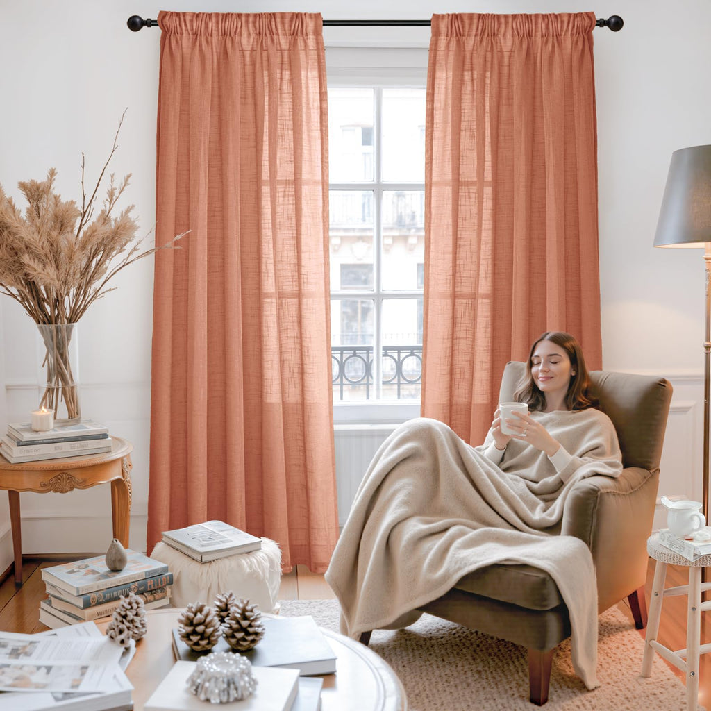 Burnt Orange Linen Semi Sheer Curtains 102 Inches Long for Living Room (2 Count)