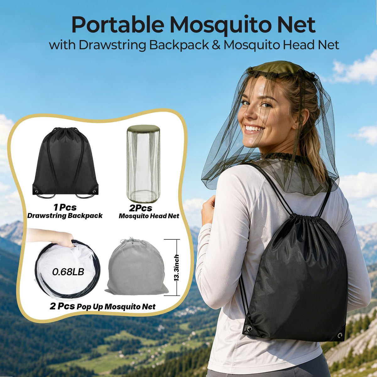 MicMingle 2 Pcs Black Pop Up Mosquito Net for Bed with Drawstring Bag Mosquito Head Net, 78 x 31 x 22 Inch Portable Foldable Mosquito Tent with Double Zipper, Mesh Bed Net for Camping Travel