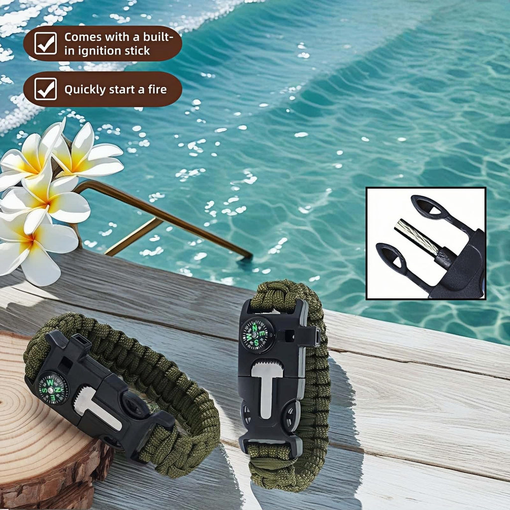 Chinshwehaw 5 in 1 Survival Bracelet-Fire Starter,Loud Whistle,Compass,Paracord Rope & Cutter,Military Grade Tactical Gear for Emergency for Emergency,Camping&Hiking Gear (Green)