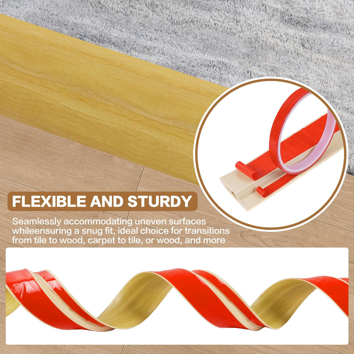 Floor Transition Strip Vinyl Door Threshold Ramp Self Adhesive Carpet Edging Strip Doorway Edge Trim (3.3 Foot)