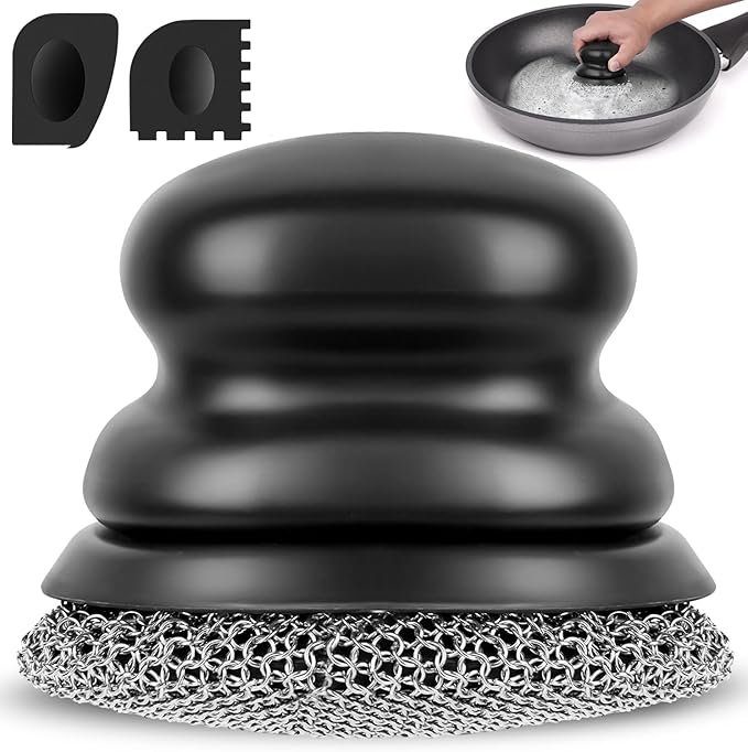 Onewly Cast Iron Scrubber and Scraper, Chain Mail Scrubber Cast Iron for Cleaning Dishes, Stock Pots, Pans, Griddles, Grills, Dish Scouring Pads