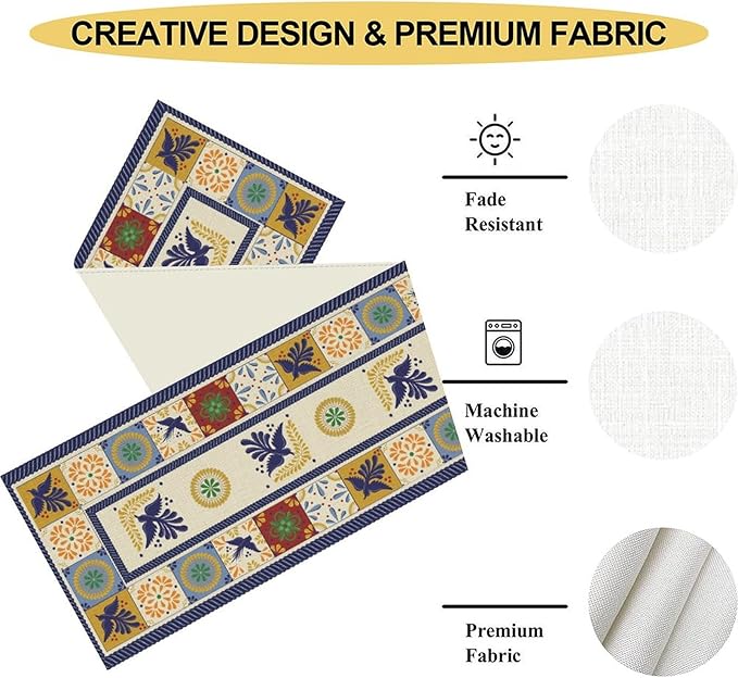 Mexican Table Runner, Blue Floral Birds Mexico Talavera Ceramic Dia De Los Muertos Coffee Table Center Decor for Family Home Kitchen and Dining Farmhouse Indoor Outdoor Table Decorations, 13" X 90"