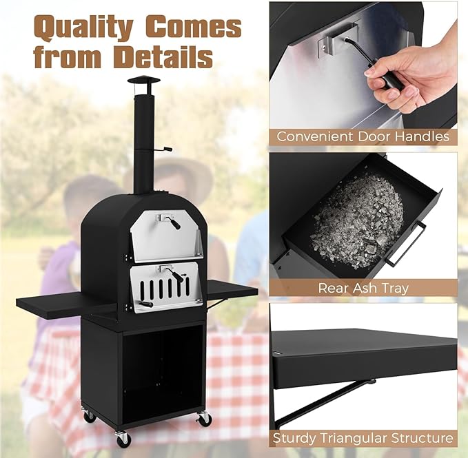 HAPPYGRILL Outdoor Wood Fired Pizza Oven w/Firewood Storage, Side Shelves, Patio Pizza Maker wi/Pizza Stone & Peel, 2 Cooking Grills & Thermometer, Portable Pizza Stove for Backyard Party Camping
