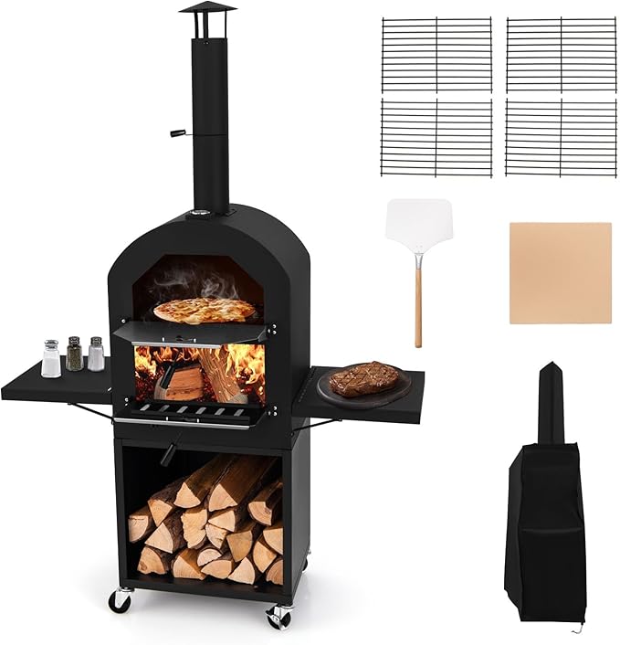 HAPPYGRILL Outdoor Wood Fired Pizza Oven w/Firewood Storage, Side Shelves, Patio Pizza Maker wi/Pizza Stone & Peel, 2 Cooking Grills & Thermometer, Portable Pizza Stove for Backyard Party Camping